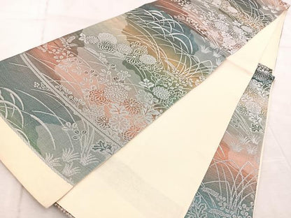 平和屋着物◎六通柄袋帯　秋草文　金銀糸　引箔　正絹　逸品　BAAV6633yc