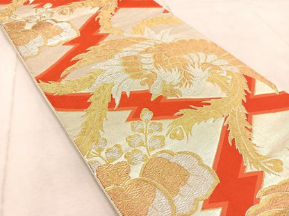 平和屋着物◎六通柄袋帯　唐織　鳳凰松皮菱文　金銀糸　正絹　逸品　BAAV6636yc