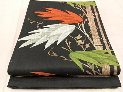 平和屋着物◎六通柄袋帯 唐織 笹竹文 黒地 金糸 BAAV6637yc
