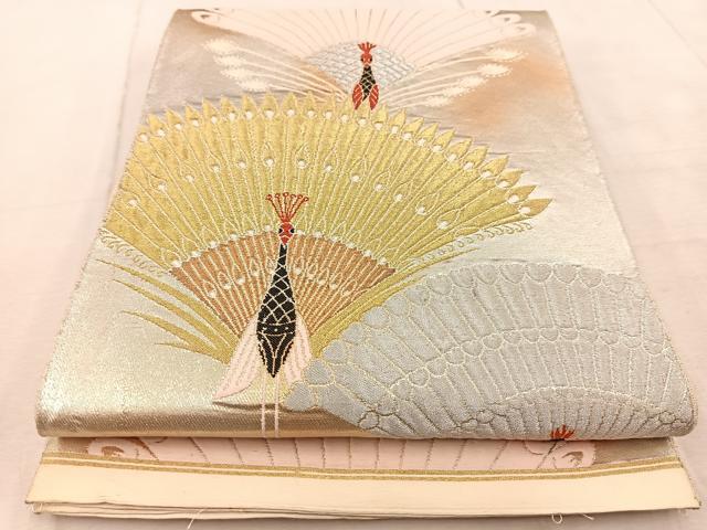平和屋着物◎六通柄袋帯 孔雀 金銀糸 引箔 正絹 逸品 BAAV6639yc