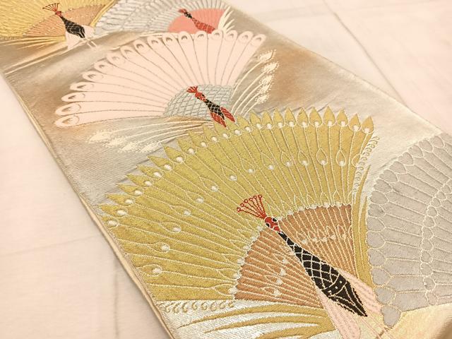 平和屋着物◎六通柄袋帯 孔雀 金銀糸 引箔 正絹 逸品 BAAV6639yc