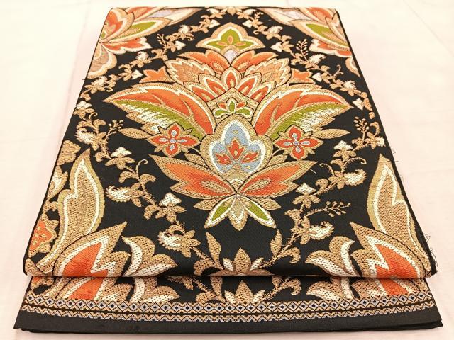 平和屋着物◎六通柄 本袋帯 唐織 更紗 黒地 金銀糸 正絹 逸品 BAAV6640yc