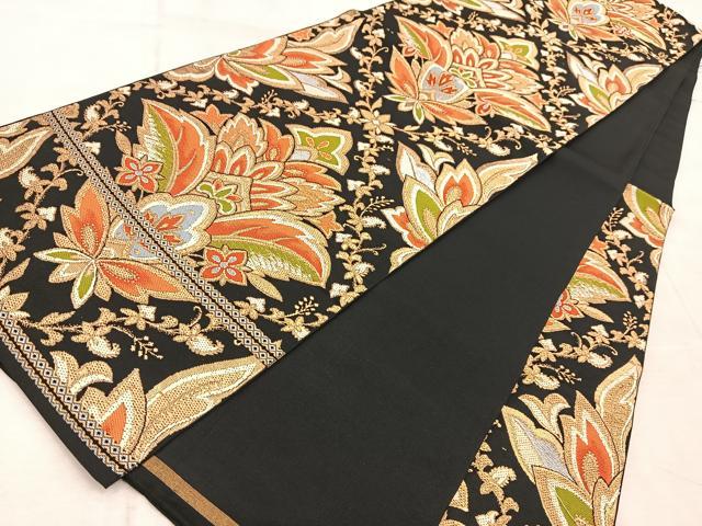平和屋着物◎六通柄 本袋帯 唐織 更紗 黒地 金銀糸 正絹 逸品 BAAV6640yc