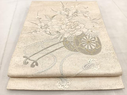 平和屋着物◎太鼓柄袋帯 総刺繍 花車文 金銀糸 正絹 逸品 BAAV6644yc