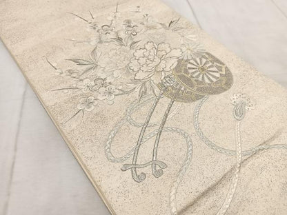平和屋着物◎太鼓柄袋帯 総刺繍 花車文 金銀糸 正絹 逸品 BAAV6644yc