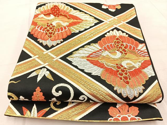 平和屋着物◎六通柄袋帯　唐織　双鶴菱天井花文　黒地　金銀糸　正絹　逸品　BAAV6650yc