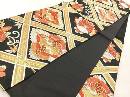 平和屋着物◎六通柄袋帯　唐織　双鶴菱天井花文　黒地　金銀糸　正絹　逸品　BAAV6650yc