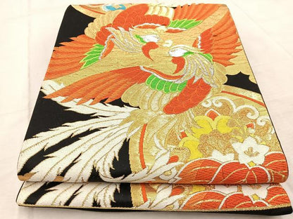 平和屋着物◎六通柄袋帯　唐織　鳳凰花丸文　黒地　金銀糸　正絹　逸品　BAAV6651yc
