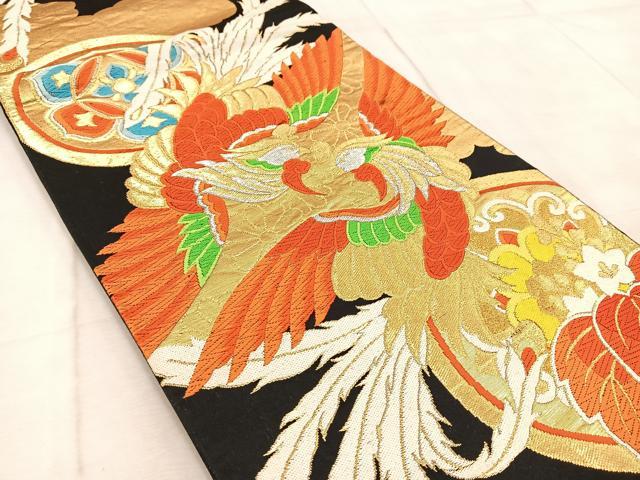 平和屋着物◎六通柄袋帯　唐織　鳳凰花丸文　黒地　金銀糸　正絹　逸品　BAAV6651yc