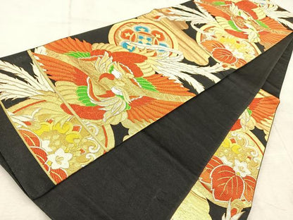 平和屋着物◎六通柄袋帯　唐織　鳳凰花丸文　黒地　金銀糸　正絹　逸品　BAAV6651yc