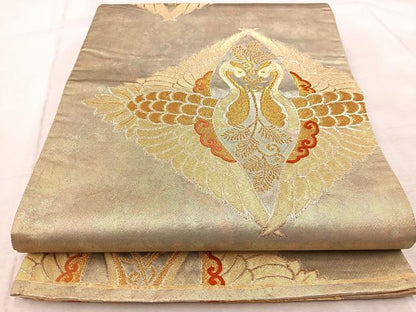 平和屋着物◎六通柄袋帯 唐織 祥鶴菱文 金糸 引箔 正絹 逸品 BAAV6675yc