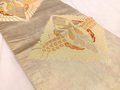 平和屋着物◎六通柄袋帯 唐織 祥鶴菱文 金糸 引箔 正絹 逸品 BAAV6675yc