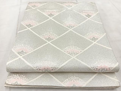 平和屋着物◎六通柄袋帯 唐織 菱繋ぎ花文 銀糸 正絹 逸品 BAAV6683yc