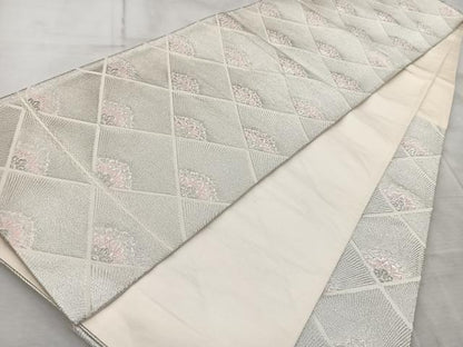 平和屋着物◎六通柄袋帯 唐織 菱繋ぎ花文 銀糸 正絹 逸品 BAAV6683yc