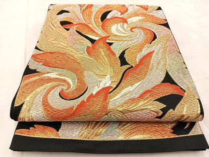 平和屋着物◎六通柄袋帯 唐織 草花文 黒地 金銀糸 正絹 逸品 BAAV6696yc