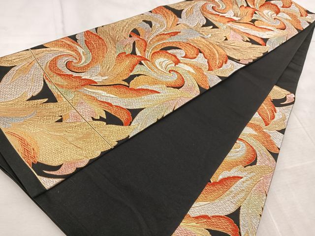 平和屋着物◎六通柄袋帯 唐織 草花文 黒地 金銀糸 正絹 逸品 BAAV6696yc