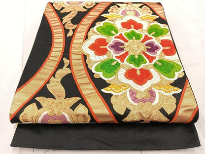 平和屋着物◎六通柄袋帯 唐織 立涌花文 黒地 金糸 正絹 逸品 BAAV6697yc