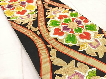 平和屋着物◎六通柄袋帯 唐織 立涌花文 黒地 金糸 正絹 逸品 BAAV6697yc