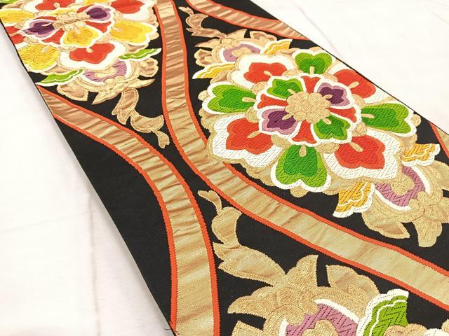 平和屋着物◎六通柄袋帯 唐織 立涌花文 黒地 金糸 正絹 逸品 BAAV6697yc