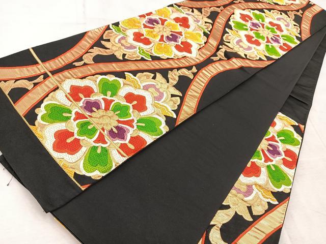 平和屋着物◎六通柄袋帯 唐織 立涌花文 黒地 金糸 正絹 逸品 BAAV6697yc