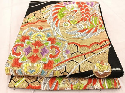 平和屋着物◎六通柄袋帯　唐織　飛鶴雲取り花文　黒地　金銀糸　正絹　逸品　BAAV6698yc