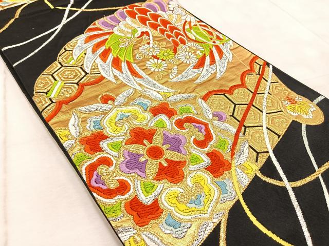 平和屋着物◎六通柄袋帯　唐織　飛鶴雲取り花文　黒地　金銀糸　正絹　逸品　BAAV6698yc