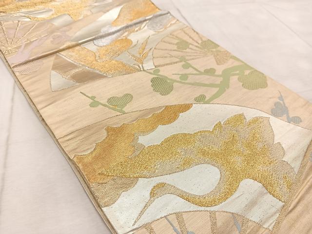 平和屋着物◎六通柄袋帯 飛鶴扇面松竹梅文 金銀糸 正絹 逸品 BAAV6703yc