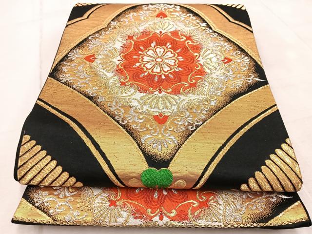 平和屋着物◎六通柄袋帯 唐織 正倉院花文 黒地 金銀糸 正絹 逸品 BAAV6705yc