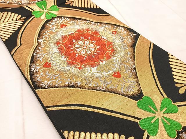 平和屋着物◎六通柄袋帯 唐織 正倉院花文 黒地 金銀糸 正絹 逸品 BAAV6705yc