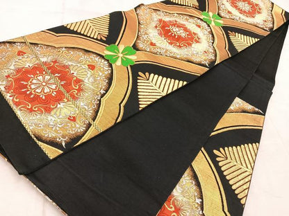 平和屋着物◎六通柄袋帯 唐織 正倉院花文 黒地 金銀糸 正絹 逸品 BAAV6705yc