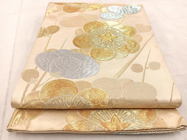 平和屋着物◎六通柄袋帯 枝梅文 金銀糸 正絹 逸品 BAAV6706yc