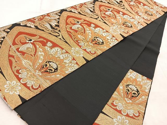 平和屋着物◎六通柄 本袋帯 更紗 黒地 金糸 BAAV6707yc