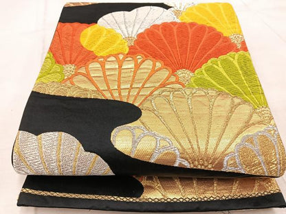平和屋着物◎六通柄袋帯　唐織　青海菊花文　黒地　金銀糸　正絹　逸品　BAAV6717yc