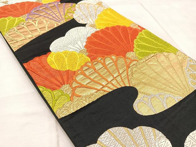 平和屋着物◎六通柄袋帯　唐織　青海菊花文　黒地　金銀糸　正絹　逸品　BAAV6717yc