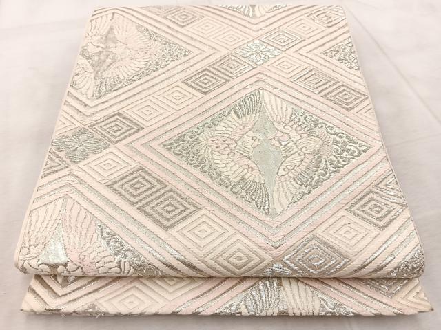 平和屋着物◎六通柄袋帯 唐織 向かい鳳凰花菱文 銀糸 正絹 逸品 BAAV6737yc