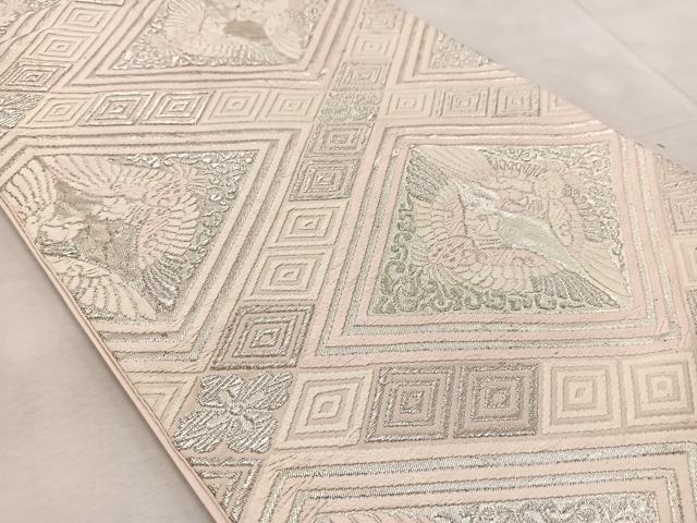 平和屋着物◎六通柄袋帯 唐織 向かい鳳凰花菱文 銀糸 正絹 逸品 BAAV6737yc