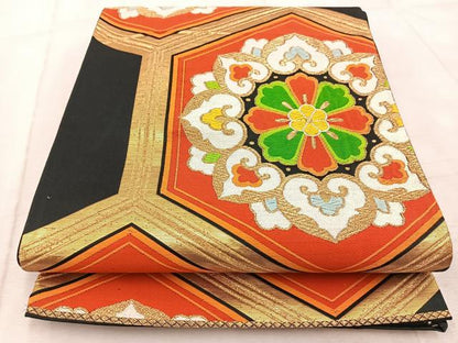 平和屋着物◎六通柄袋帯 唐織 亀甲花文 黒地 金糸 正絹 逸品 BAAV6739yc