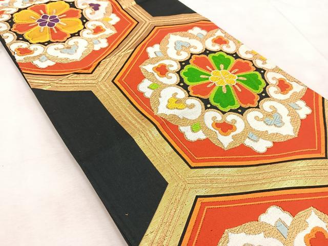 平和屋着物◎六通柄袋帯 唐織 亀甲花文 黒地 金糸 正絹 逸品 BAAV6739yc