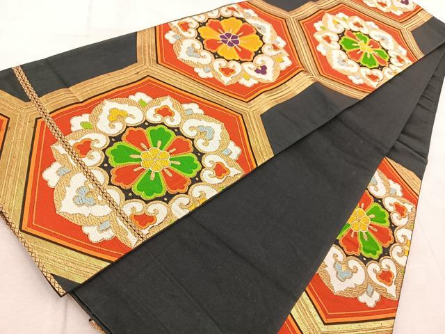 平和屋着物◎六通柄袋帯 唐織 亀甲花文 黒地 金糸 正絹 逸品 BAAV6739yc