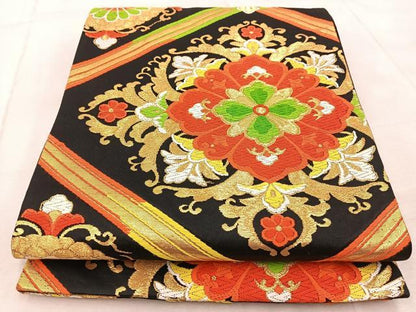 平和屋着物◎六通柄袋帯 唐織 更紗花菱文 黒地 金糸 正絹 逸品 BAAV6742yc