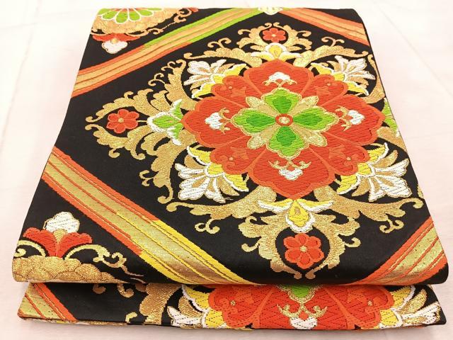 平和屋着物◎六通柄袋帯 唐織 更紗花菱文 黒地 金糸 正絹 逸品 BAAV6742yc