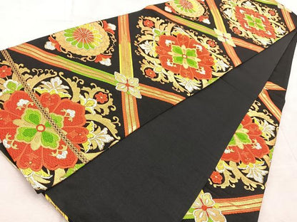 平和屋着物◎六通柄袋帯 唐織 更紗花菱文 黒地 金糸 正絹 逸品 BAAV6742yc