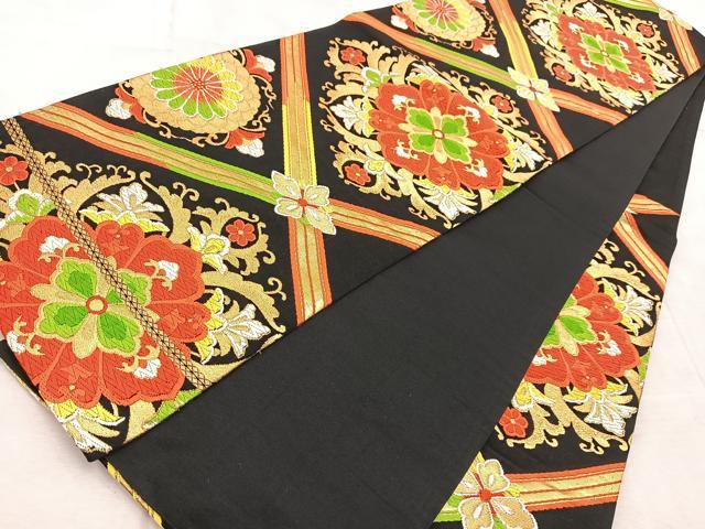 平和屋着物◎六通柄袋帯 唐織 更紗花菱文 黒地 金糸 正絹 逸品 BAAV6742yc
