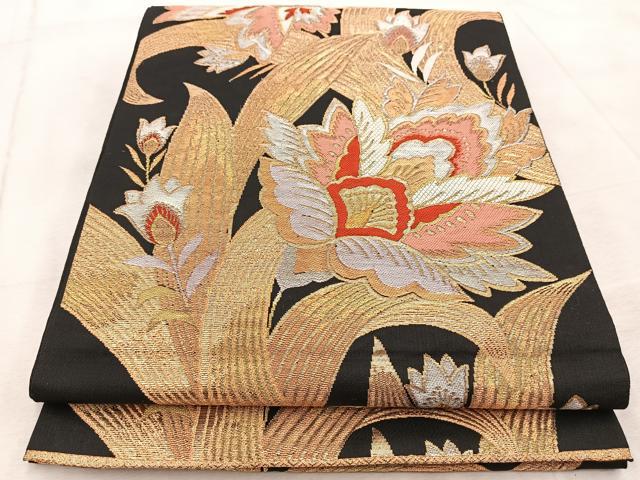 平和屋着物◎六通柄 本袋帯 更紗 黒地 金銀糸 正絹 逸品 BAAV6746yc