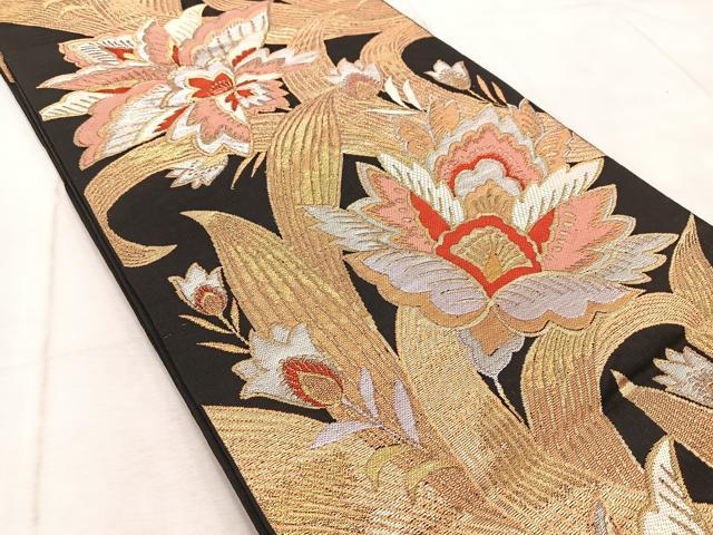 平和屋着物◎六通柄 本袋帯 更紗 黒地 金銀糸 正絹 逸品 BAAV6746yc