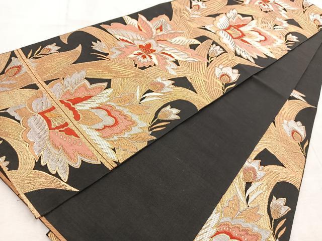 平和屋着物◎六通柄 本袋帯 更紗 黒地 金銀糸 正絹 逸品 BAAV6746yc