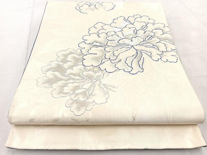 平和屋着物◎六通柄袋帯 牡丹 銀糸 正絹 逸品 BAAV6779yc