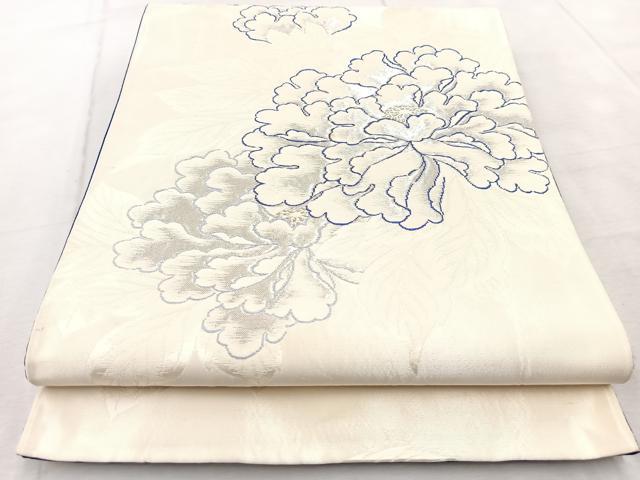 平和屋着物◎六通柄袋帯 牡丹 銀糸 正絹 逸品 BAAV6779yc