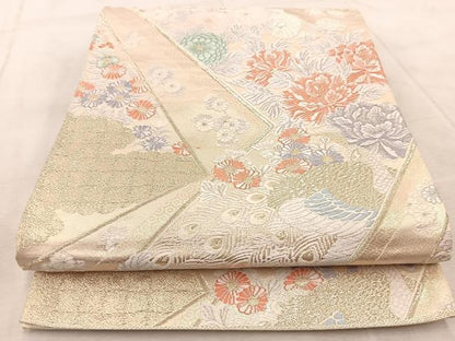 平和屋着物◎六通柄袋帯　唐織　花小袖華鳥文　金糸　正絹　逸品　BAAV6794yc