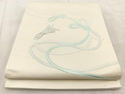 平和屋着物◎太鼓柄袋帯　総刺繍　銀駒刺繍　結び紐文　銀糸　正絹　逸品　BAAV6797yc